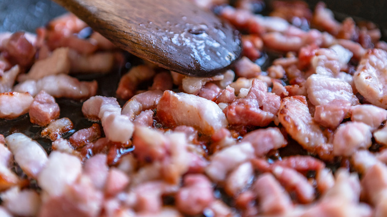 closeup of frying lardons
