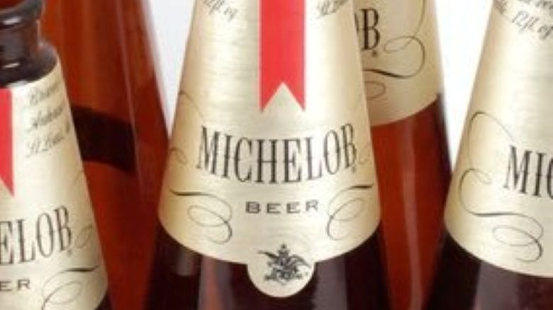Close-up of the labels on old-school Michelob Lager bottles