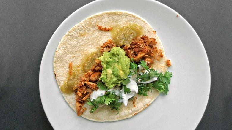 Singular taco with salsa on a white plate