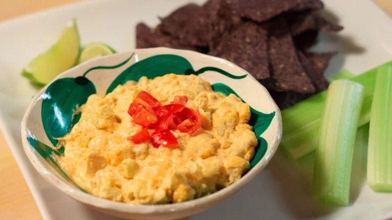 Buffalo chicken dip in a white bowl