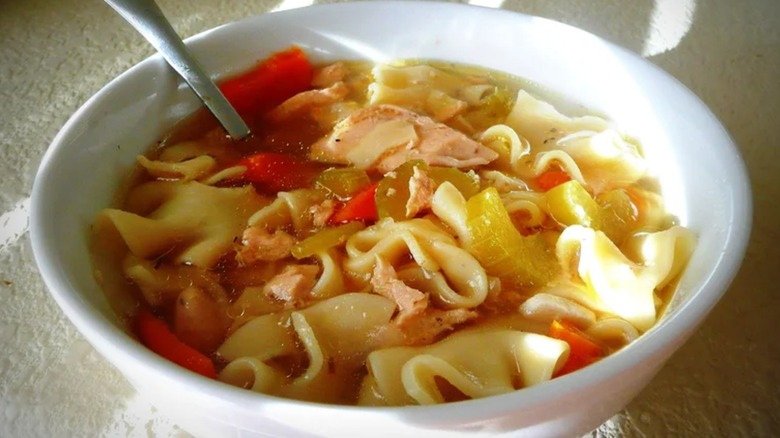 A bowl of chicken noodle soup