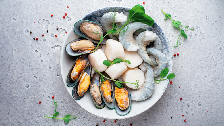 Frozen mixed seafood on a plate
