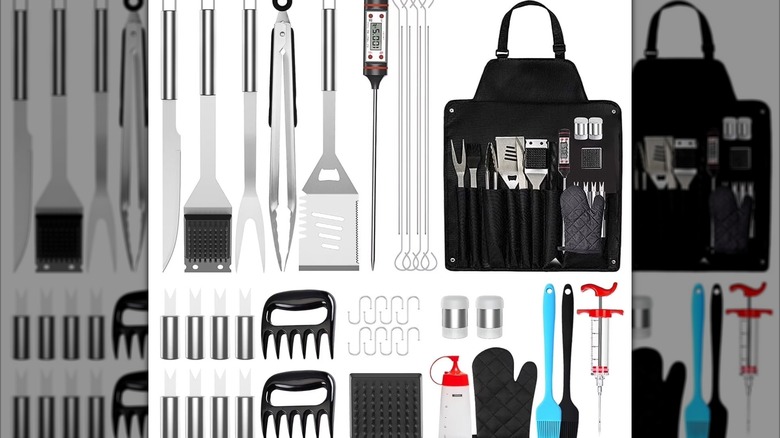 The components of a 41 Pieces Convenient Grill Tools Set against a white background