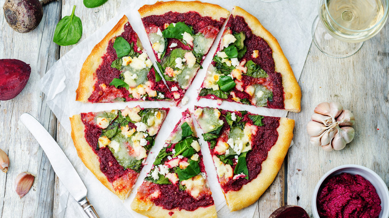 Pizza with beet hummus