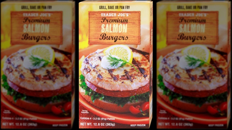 A package of Trader Joe's Premium Salmon Burgers.