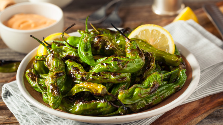 blistered Shishito peppers in a bowl