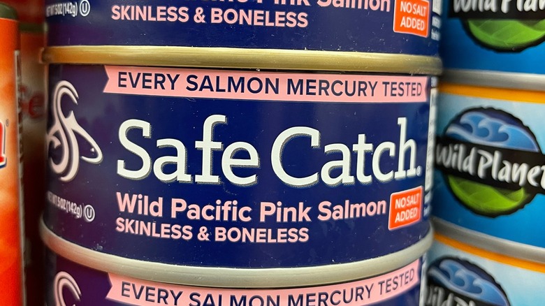 A stack of Safe Catch Wild Alaska Pink Salmon cans
