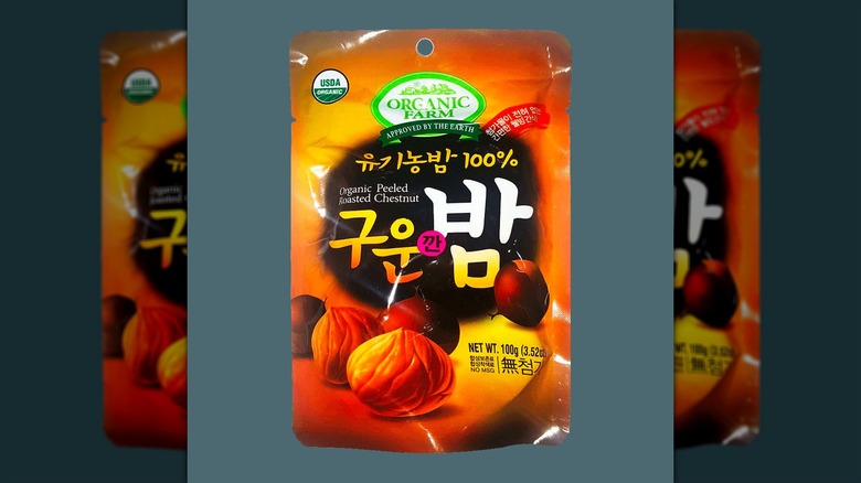 A package of Organic Farm Organic Peeled Roasted Chestnuts.