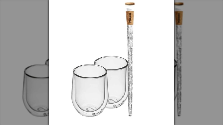 Two Corkcicle Stemless Glasses and an Air Wine Chiller sit side by side