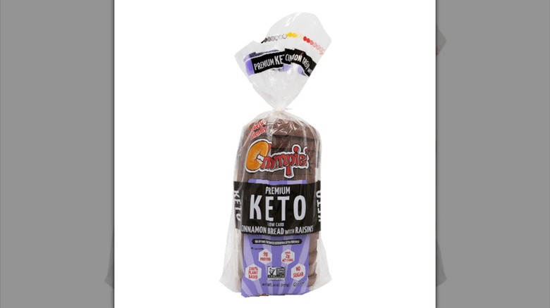 A loaf of Chompie's Premium Keto Low Carb Cinnamon Bread with Raisins against a white background.