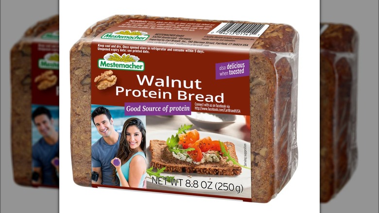 A package of Mestemacher Walnut Protein Bread against a white background.