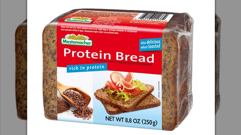 A package of Mestemacher Protein Bread against a white background.