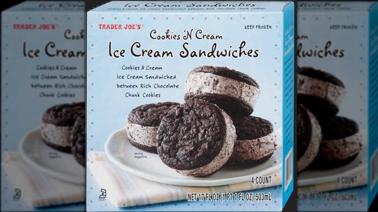 A box of Trader Joe's Cookies 'N Cream Ice Cream Sandwiches.