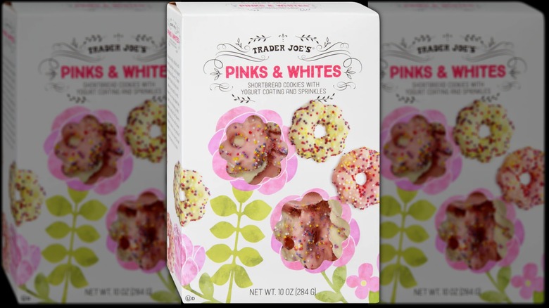A box of Trader Joe's Pinks & Whites Cookies.