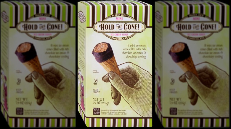 A box of Trader Joe's Chocolate Hold the Cone! Mini Ice Cream Cones.