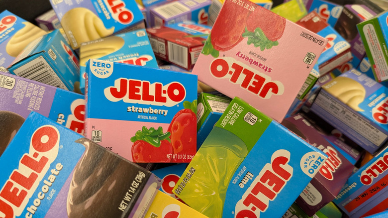 Jell-O and pudding packages in a large pile