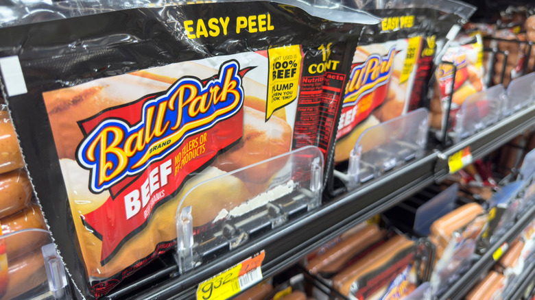 Packages of Ball Park hot dogs in a supermarket
