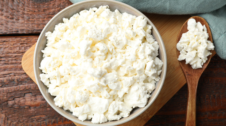A bowl and spoonful of cottage cheese