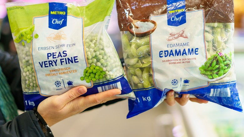 Two bags of frozen vegetables peas and edamame