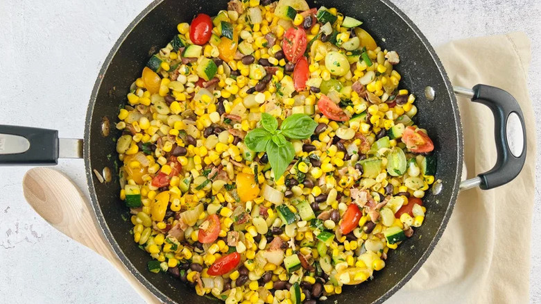 Skillet of classic succotash with bacon