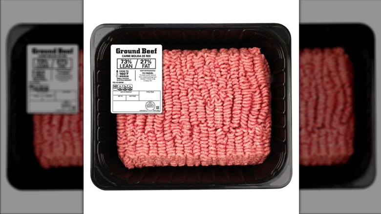 A 5-pound package of USDA 73% Lean 27% Fat Ground Beef.