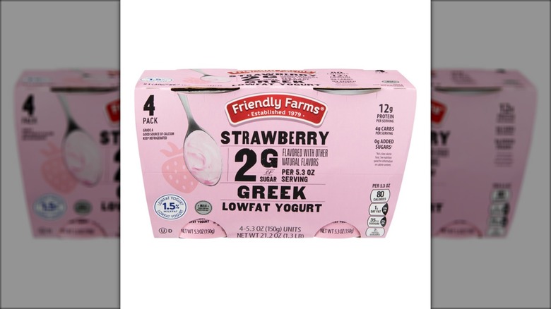 A four-pack of Friendly Farms 2G Sugar Lowfat Strawberry Greek Yogurt.