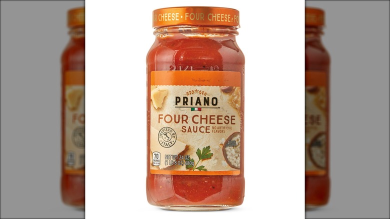 A jar of Priano Four Cheese Sauce.
