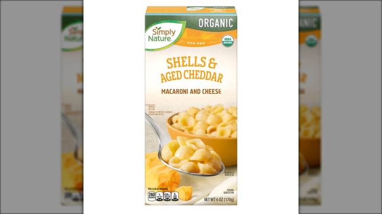 A box of Simply Nature Organic Shells & Aged Cheddar Macaroni and Cheese.
