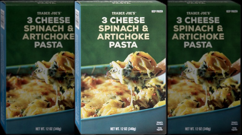 A box of Trader Joe's 3 Cheese Spinach & Artichoke Pasta