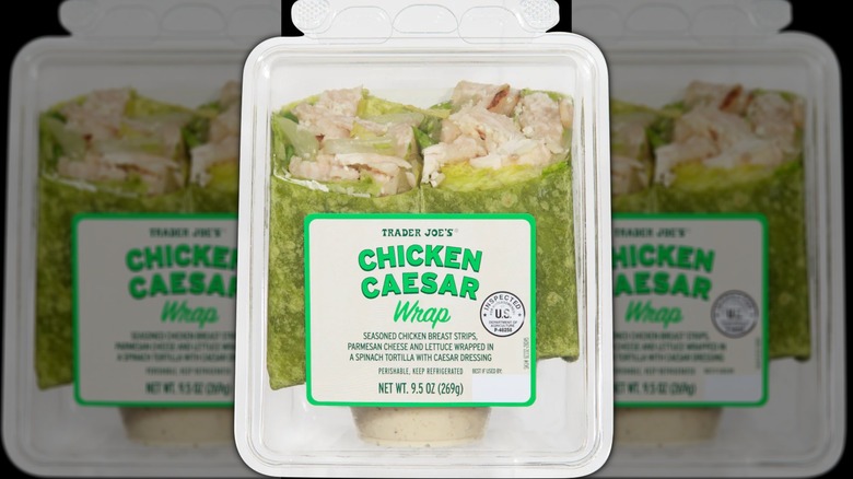 A packaged Trader Joe's Chicken Caesar Wrap.
