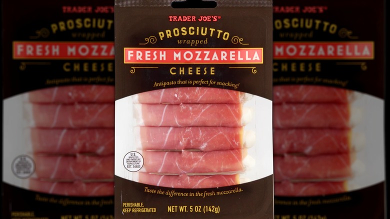 A package of Trader Joe's Prosciutto Wrapped Fresh Mozzarella Cheese.
