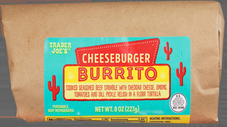 A packaged Trader Joe's Cheeseburger Burrito.