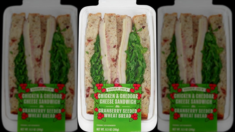 A packaged Trader Joe's Chicken & Cheddar Cheese Sandwich