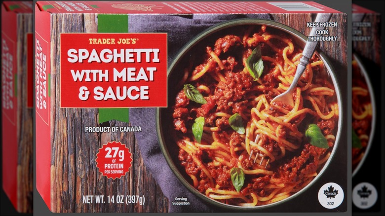 A package of Trader Joe's Spaghetti with Meat & Sauce.