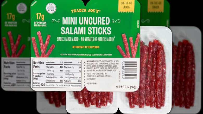 The front and back sides of packaged Trader Joe's Mini Uncured Salami Sticks.