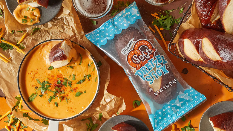 Trader Joe's Soft Pretzel Stick and a bowl of queso
