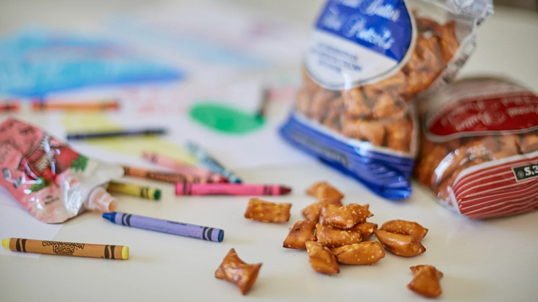 Trader Joe's Peanut Butter Filled Pretzel Nuggets besides children's crayons