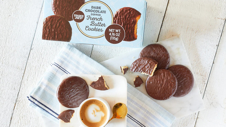 Trader Joe's Dark Chocolate Dipped French Butter Cookies and a cup of coffee