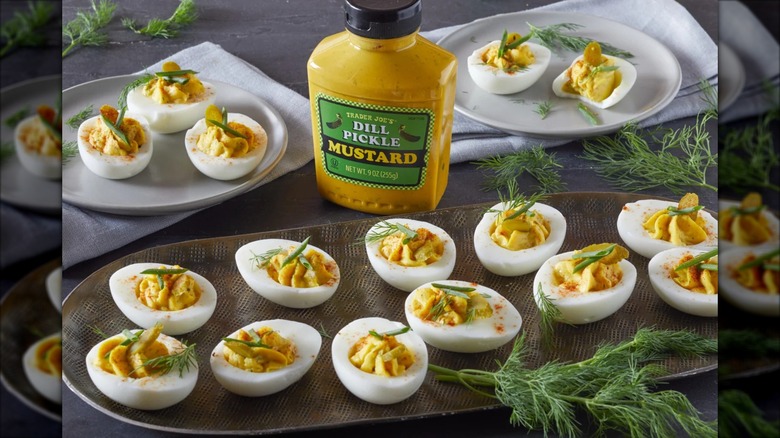 Deviled eggs beside Trader Joe's Dill Pickle Mustard