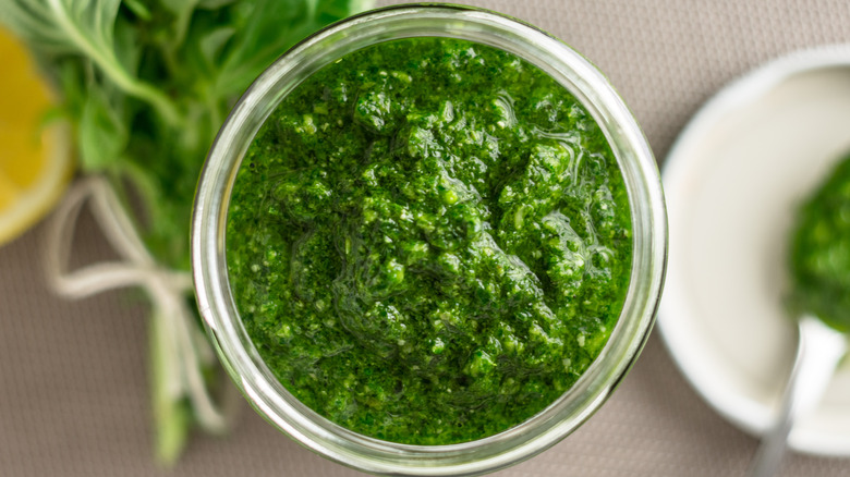 fresh pesto in jar