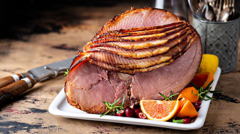 sliced honey-glazed ham