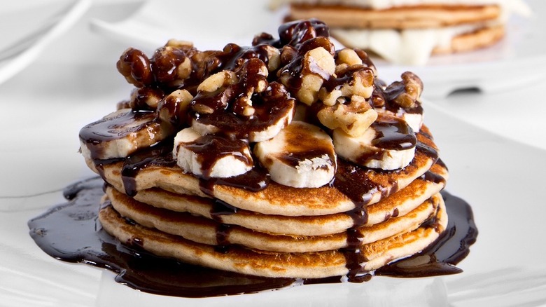 A stack of ProteinHouse Chocolate Monster Pancakes