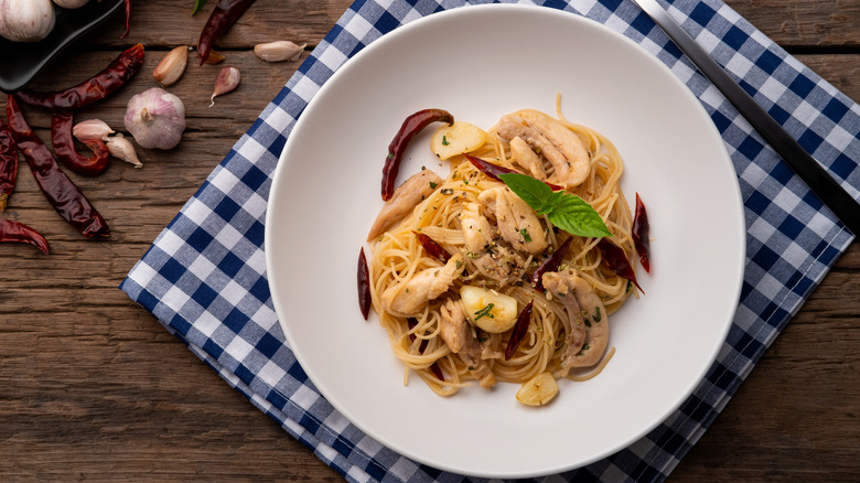 Pasta noodles in a white bowl