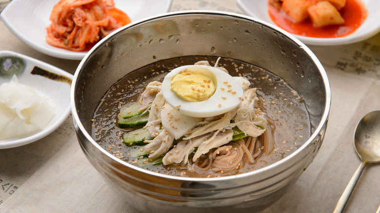 cold noodle dish in silver bowl