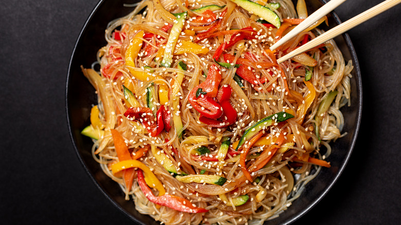 Stir fry noodles in bowl