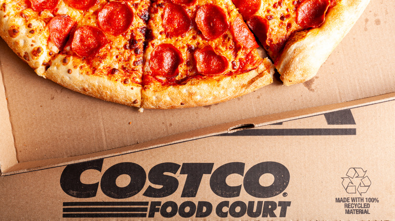 An open box of Costco food court pepperoni pizza