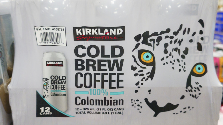 Plastic-wrapped case of Kirkland Signature Colombian Cold Brew Coffee