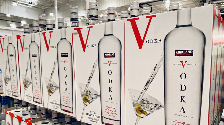 Cases of Kirkland Signature French Vodka are on display in store.
