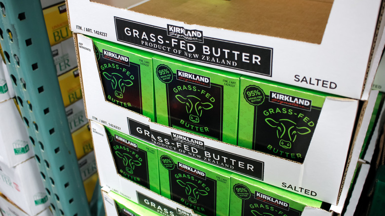 Kirkland Signature Grass-Fed Butter is on display in boxes.