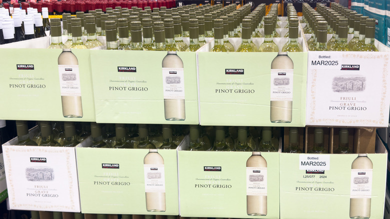 Cases of Kirkland Signature Pinot Grigio Friuli are on display in store.